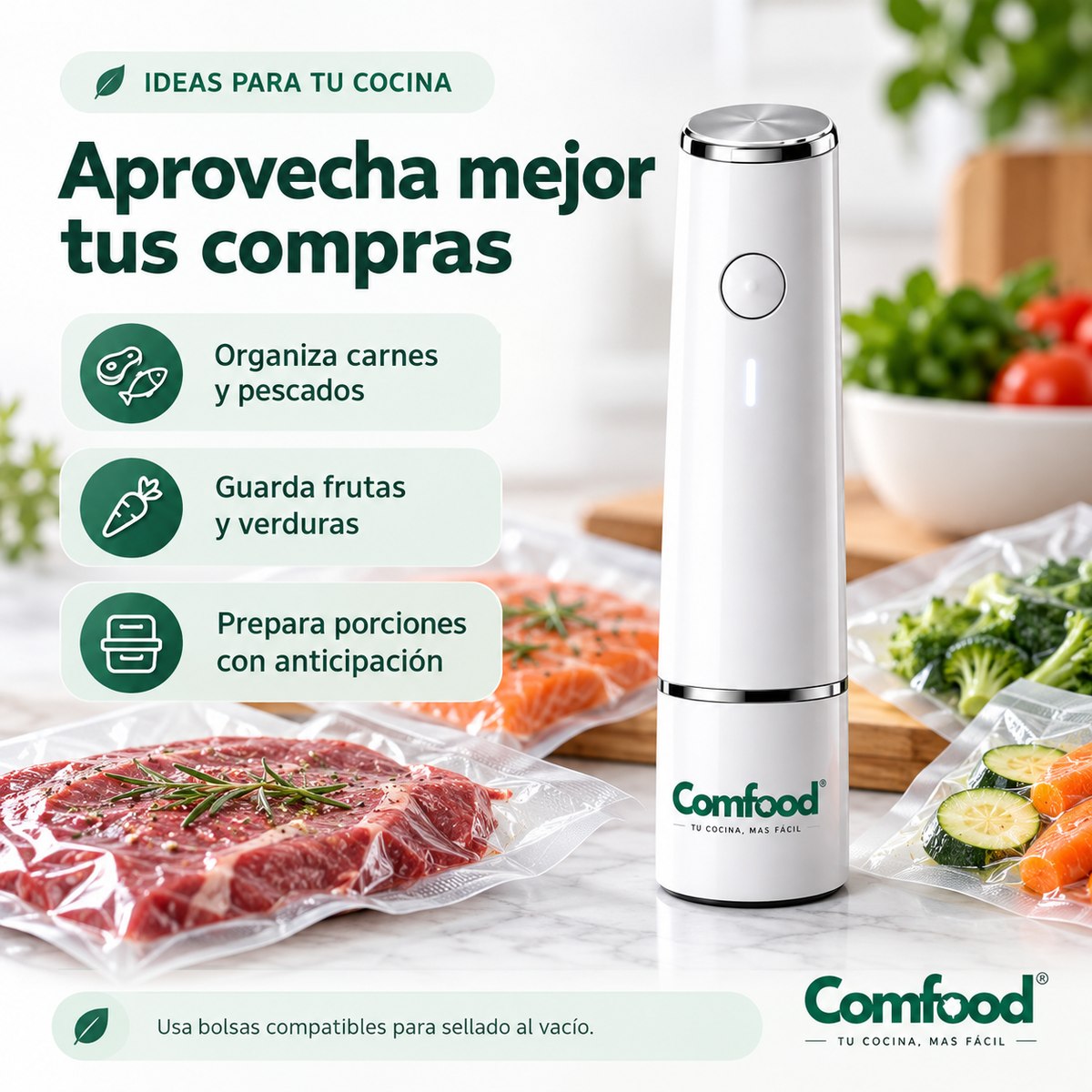 Comfood: organiza carnes, frutas y verduras con bolsas de sellado compatibles